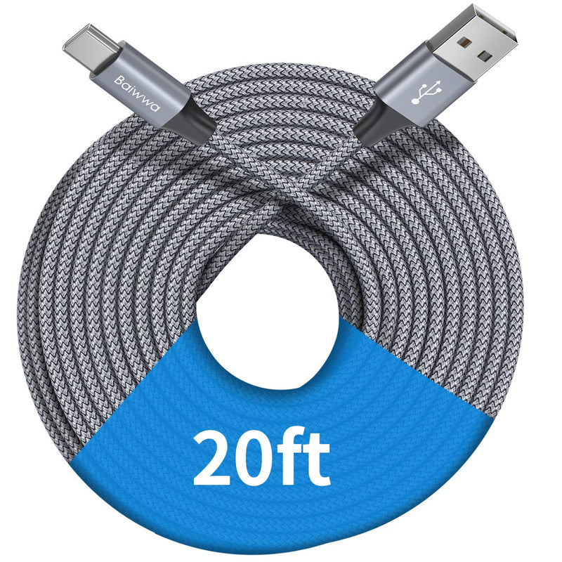  [AUSTRALIA] - [ 20ft/6m ] Extra Long USB C Cable, Baiwwa Premium Nylon Braided USB A to Type C Cable Charger Cord Compatible with Samsung Galaxy Note Tab, Moto, LG, Pixel and More USB C Smartphone & Tablet Grey