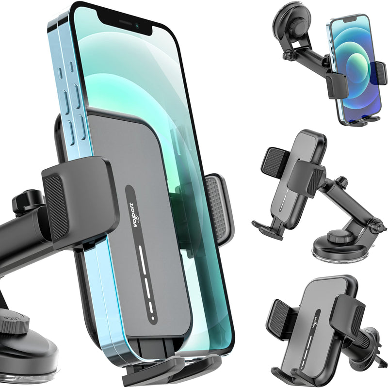  [AUSTRALIA] - volport Cell Phone Mount for Car [Universal for iPhone Wallet & Thick Case] Military Suction Car Phone Holder for Dashboard & Windshield, Air Vent Clip with Deep Wide Clamp for Big Heavy Cellphone