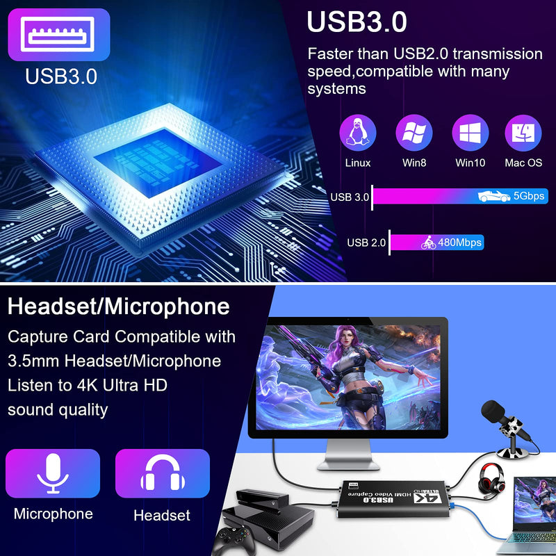  [AUSTRALIA] - 4K Capture Card, ifmeyasi 1080P 60FPS USB 3.0 to HDMI Capture Card Devicesm with Mic Input& Audio Output and Loop-Out for Gaming Streaming, Live Broadcasting, Video Conference
