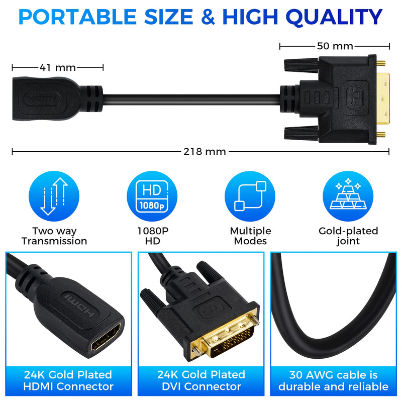  [AUSTRALIA] - Togconn HDMI Female to DVI Male Adapter (2 Pack)，Bi-Directional DVI Male to HDMI Female Connector, Support 1080P Full HD Compatible for Roku, Xbox One, PS5，PS4, Blue-ray DVD, A/V Receivers-0.6ft HDMI（Female）to DVI(Male)