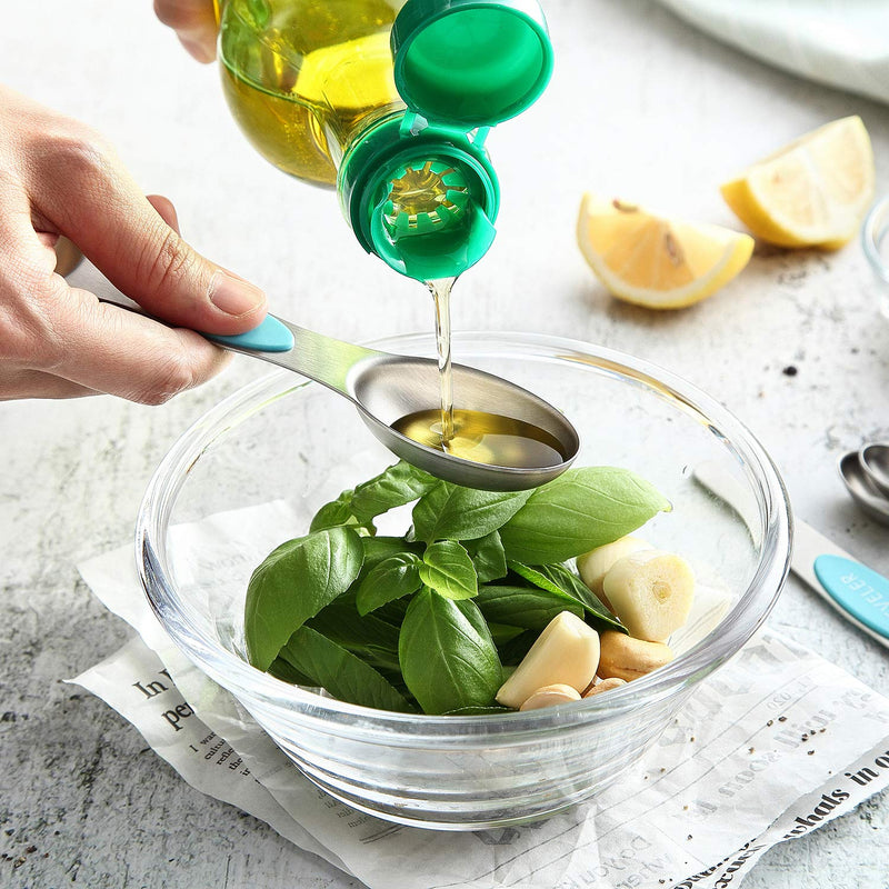  [AUSTRALIA] - Spring Chef Magnetic Measuring Spoons Set, Dual Sided, Stainless Steel, Fits in Spice Jars, Aqua Sky, Set of 8