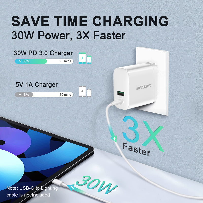  [AUSTRALIA] - USB Wall Charger, 30W 2 Port Charger with 18W USB C Power Adapter, Foldable Powerport PD Fast Charger for iPhone 12/12 Mini / 12 Pro / 12 Pro Max / 11 / X/XR/XS, iPad Pro, Pixel, Galaxy White