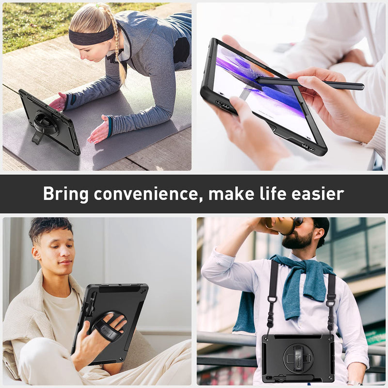  [AUSTRALIA] - Case for Samsung Galaxy Tab S7 FE 2021 : Military Grade TPU Shockproof Heavy Duty Protective Cover for Tab S7 Plus 12.4 Inch with S-Pen Holder + Rotating Kickstand + Handle + Shoulder Strap-Black Tab S7 FE 12.4 Inch 2021 / Tab S7 Plus 12.4 Inch Black