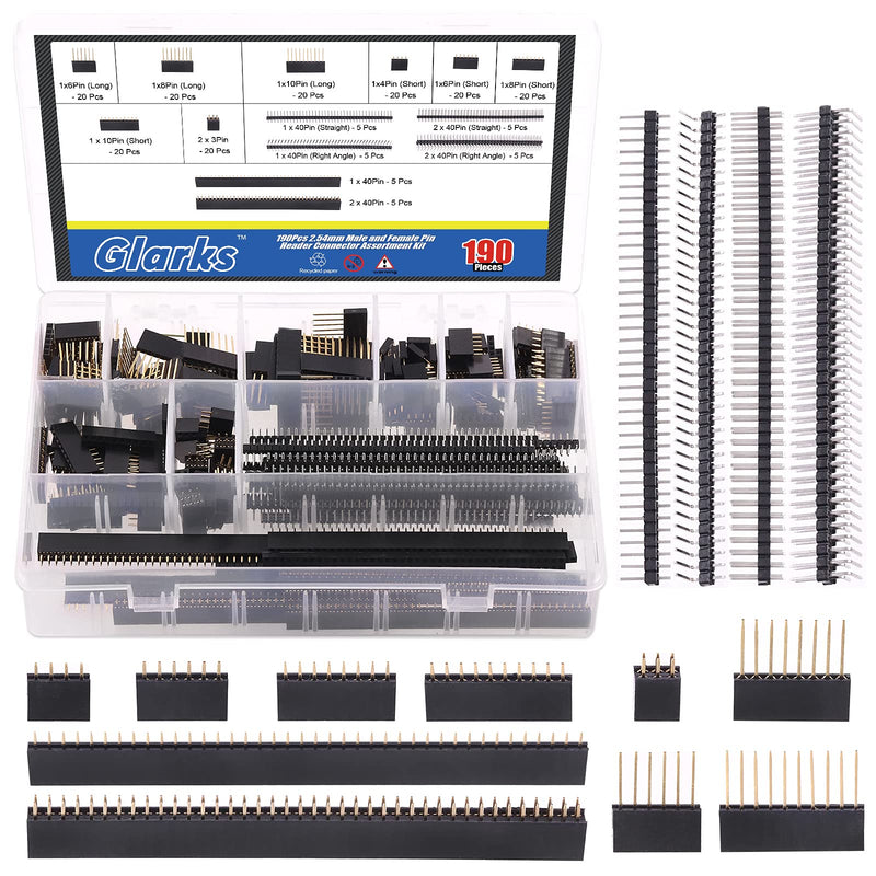  [AUSTRALIA] - Glarks 190pcs 2.54mm Male and Female Pin Header Assortment Long/Short Needle Stackable Shield Header and Single/Double Row Breakaway PCB Board Header for Arduino Prototype Shield