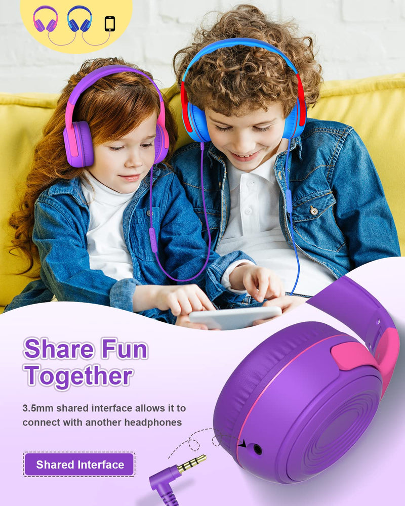  [AUSTRALIA] - Kids Headphones, Elecder S8 Wired Headphones for Kids with Microphone for Boys Girls, Adjustable 85dB/94dB Volume Limited, 3.5 mm Jack for School/Kindle/Smartphones/Tablet/Airplane Travel(Purple/Red) Purple/Red