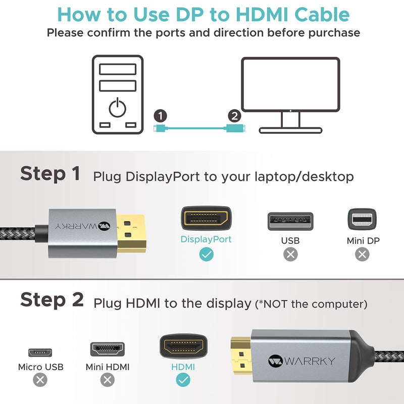  [AUSTRALIA] - 4K DisplayPort to HDMI Cable Adapter, WARRKY [Aluminum Shell, Nylon Braided] High Speed (1440P 60Hz, 1080P 120Hz) Uni-Directional DP to HDMI Cord Compatible for Dell, HP, Insignia, Samsung, More -6FT 6 feet