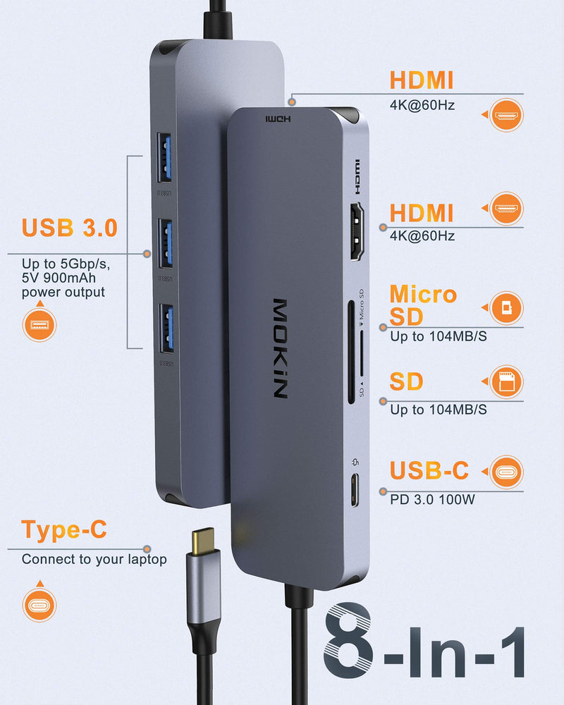  [AUSTRALIA] - USB C to Dual HDMI Adapter, USB C Docking Station Dual Monitors for Windows,USB C Adapter with Dual HDMI,3 USB Port,SD/TF, PD Port Compatible for Dell XPS 13/15, Lenovo Yoga,etc