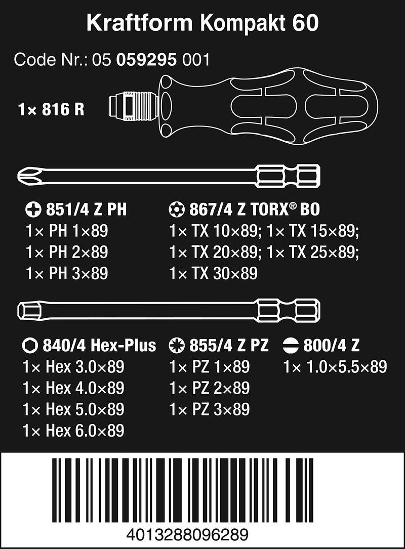  [AUSTRALIA] - Wera KK 60 Kraftform Bitholding Screwdriver and 3 1/2-Inch Bit Pouch Set, 17-Piece