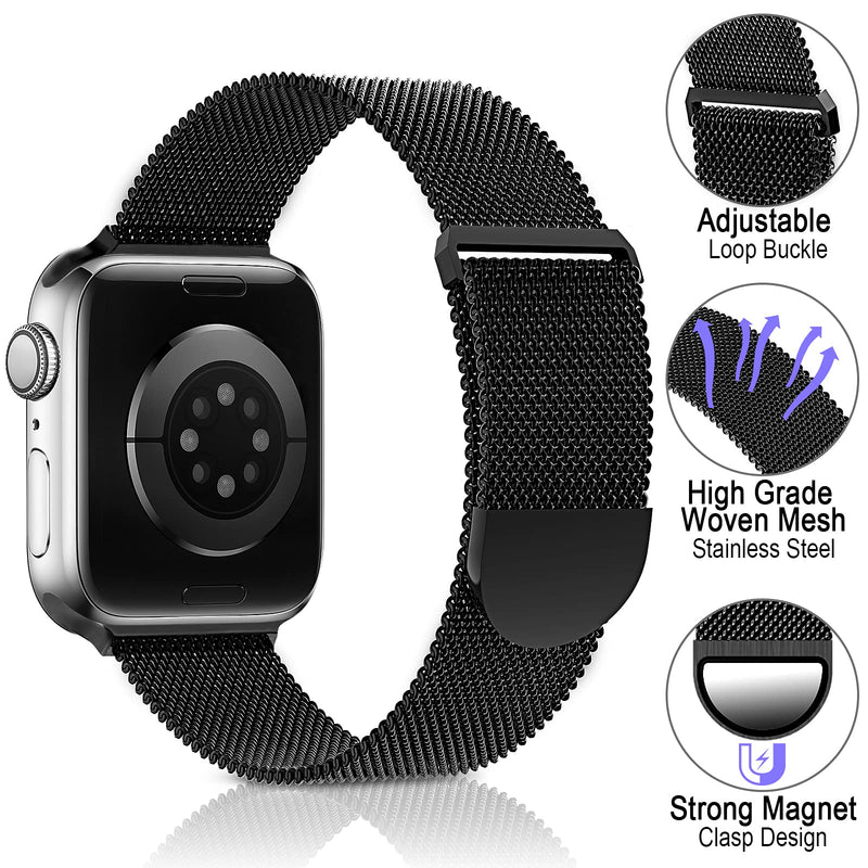 Sunnywoo Metal Stainless Steel Band Compatible with Apple Watch Bands 38mm 40mm 42mm 44mm,Black Loop Adjustable Strap Magnetic Replacement Wristband for iWatch Series 6 5 4 3 2 1 SE for Women Men Black 38/40 mm Regular - LeoForward Australia