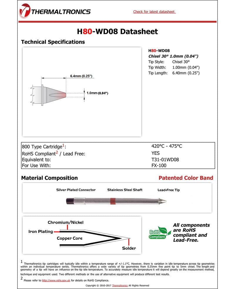  [AUSTRALIA] - Thermaltronics H80-WD08 Chisel 30deg 1.0mm (0.04in) interchangeable for Hakko T31-01WD08