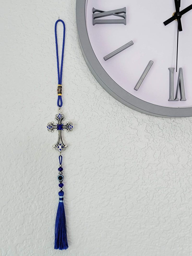  [AUSTRALIA] - Luckboostium Evil Eye Cross Charm Pendant For Good Luck And Protection, Comes With Traditional Blue And White Colors With Matching Tassels And Durable Cord For Hanging In Cars Or On Walls And Bags