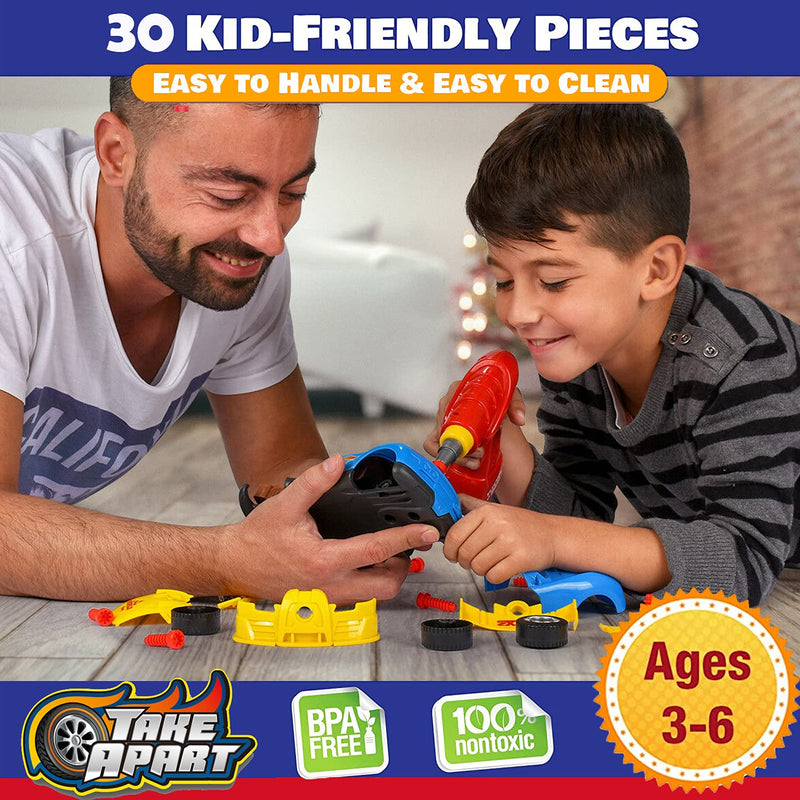 Take Apart Racing Car Toys - Build Your Own Assembly Vehicle with 30 Piece Constructions Set and Working Electric Drill - Engine Sounds & Lights - LeoForward Australia