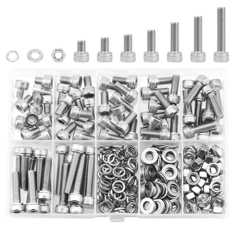  [AUSTRALIA] - HELIFOUNER 240 Pieces M5 x 6mm /8mm /10mm /12mm /16mm /20mm /25mm, Hex Socket Head Cap Screws Bolts Washers Nuts Kit, 304 Stainless Steel
