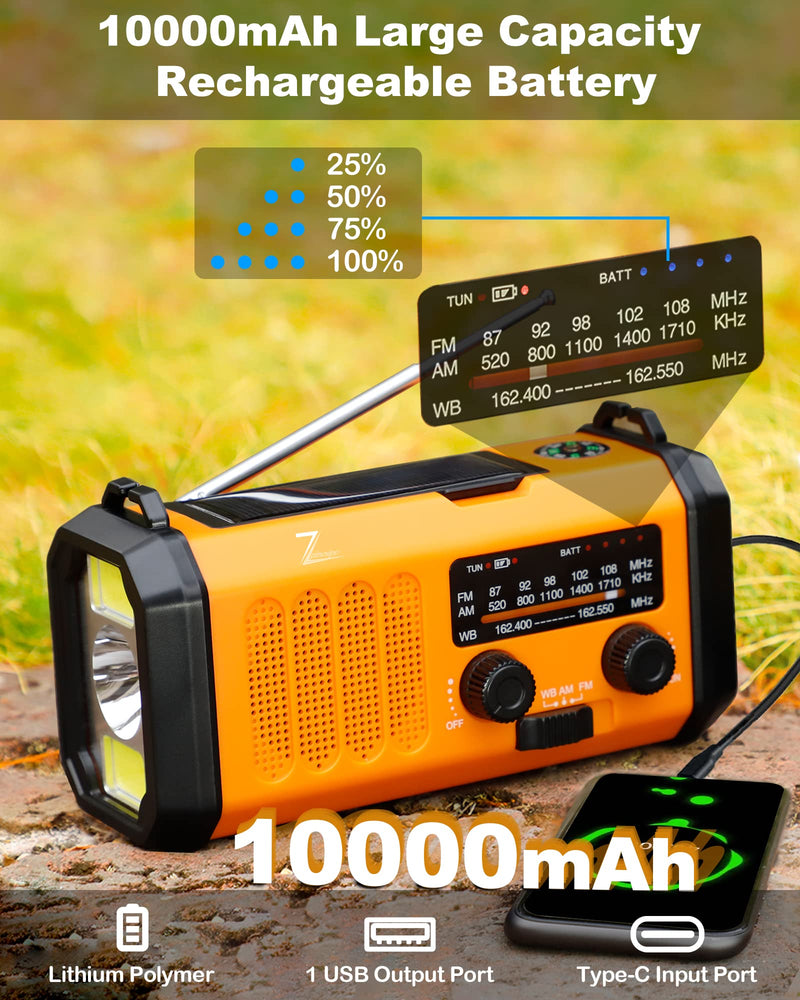  [AUSTRALIA] - 10000mAh NOAA Emergency Weather Radio,4 Way Powered Solar Hand Crank Portable AM FM Radio,Rechargeable Power Bank Phone Charger,3 Mode Flashlight,5W 700LM Reading Lamp,SOS,Compass for Outdoor Survival 10000mAh (Orange)