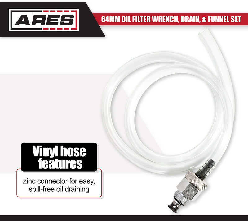  [AUSTRALIA] - ARES 56025-64mm Oil Filter Wrench, Drain, and Funnel Set for Toyota and Lexus - 3/8-Inch Drive - Easily Remove Oil Filters on 4-Cylinder Engines - Spill-Free Oil Drain and Refill