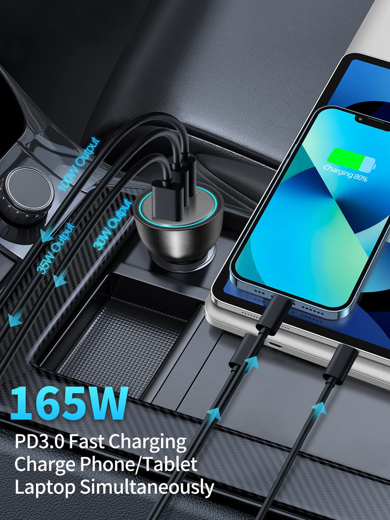  [AUSTRALIA] - 165W USB C Car Charger, Rocoren Type C Car Charger, PD3.1 140W/PD3.0 100W QC5/4.0 3 Ports Super Fast Charging Car Phone Adapter for iPhone, Samsung, iPad, MacBook Pro/Air, Laptop, Steam Deck, ROG Ally