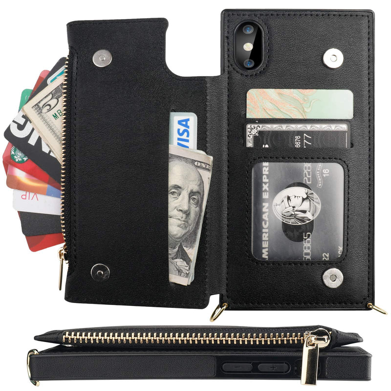  [AUSTRALIA] - Bocasal Crossbody Wallet Case for iPhone X Xs with Card Holder,Zipper Card Slot Protector Shockproof Purse Cover with Removable Cross Body Strap 5.8 Inch(Black) Black For iPhone X/Xs 5.8 inch display