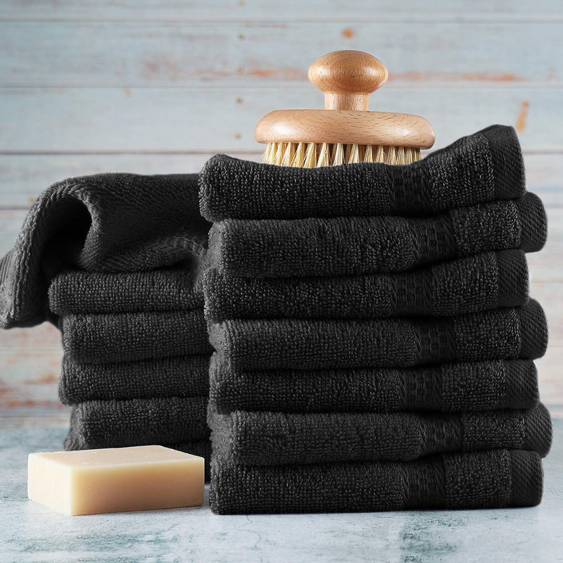  [AUSTRALIA] - Hearth & Harbor 500 GSM Hand & Bath Towel Collection – 100% Cotton Luxury Set of 12 Multipurpose Wash Cloths – 12-Pack of 13”x13” Ultra Soft & Highly Absorbent Washcloths for Face & Body - Black 12 washcloths