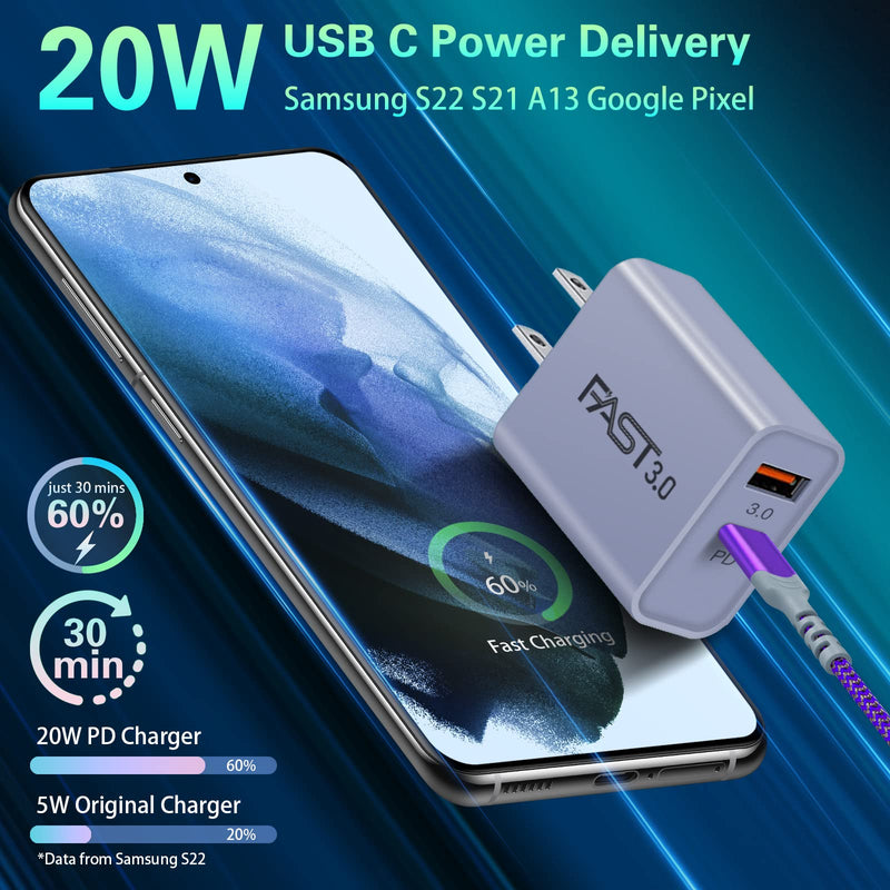  [AUSTRALIA] - USB C Wall Charger with C to C Cable 10FT, Ancekoy 2-Pack 20W Fast Charge 3.0 Block 3A USBC to USB C Power Charger Cord Compatible Samsung Galaxy A53 5G A73 A33 A13 S22 Ultra S21 S20, Google Pixel Purple