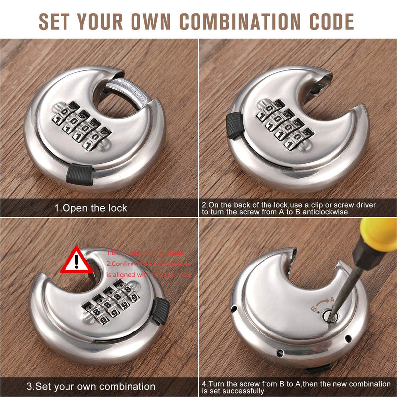  [AUSTRALIA] - DELSWIN 4 Digit Combination Disc Padlock with Hardened Steel Shackle Outdoor Combo Gate Lock for Sheds, Storage Unit, Garage, Fence,Trailer Tongue (2 Pcs) Silver