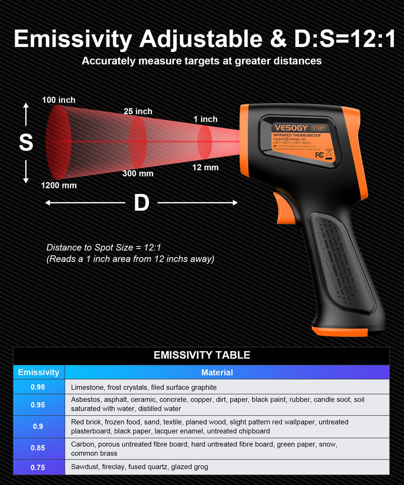  [AUSTRALIA] - Infrared Thermometer Temperature Gun -58°F ~932°F, Digital Laser Thermometer Gun for Cooking, Pizza Oven, Grill, IR Thermometer Temp Gun with Adjustable Emissivity & Max Min Avg Measure Orange