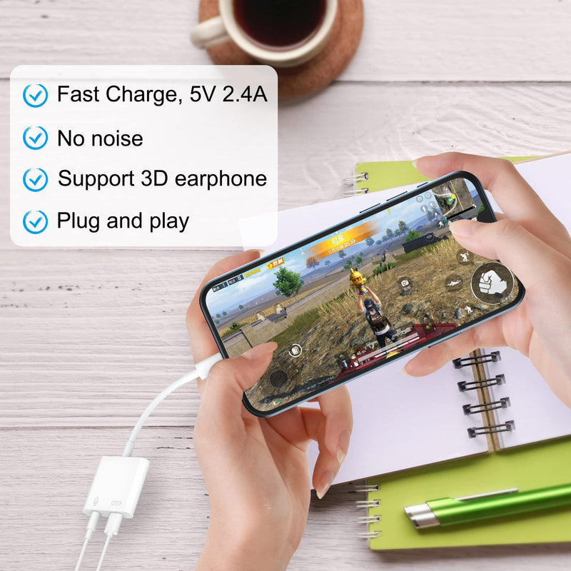  [AUSTRALIA] - Headphone Adapter for iPhone Support Call , [Apple MFi Certified] 2 in 1 Lightning to 3.5mm Earphone Audio Dongle with Charger Splitter Aux Accessories for iPhone 14/13/12/11Pro Max Xs X(White) 3.5MM Audio adapter+Charge(Lightning Connector)