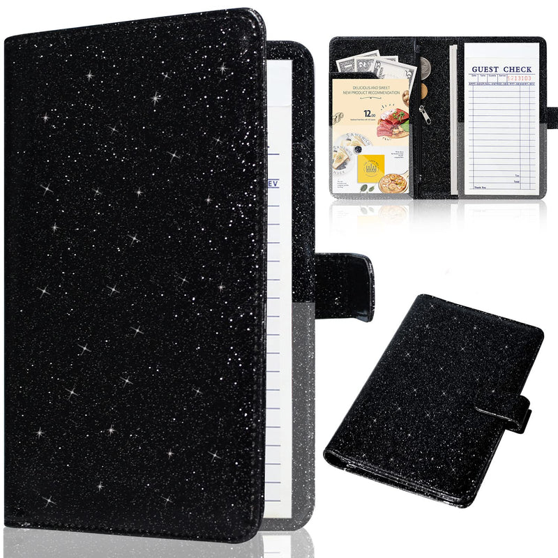  [AUSTRALIA] - Server Book for Waitress-Leather Waitress Book Organizer with Zipper Pocket Cute Waiter Book Server Wallet with Magnetic Closure, Glitter Black