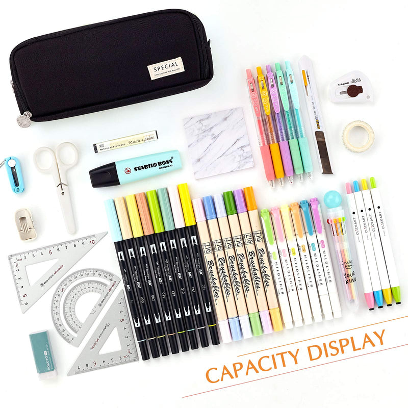  [AUSTRALIA] - CICIMELON Large Capacity Pencil Case 3 Compartment Pouch Pen Bag for School Teen Girl Boy Men Women (Black) Black