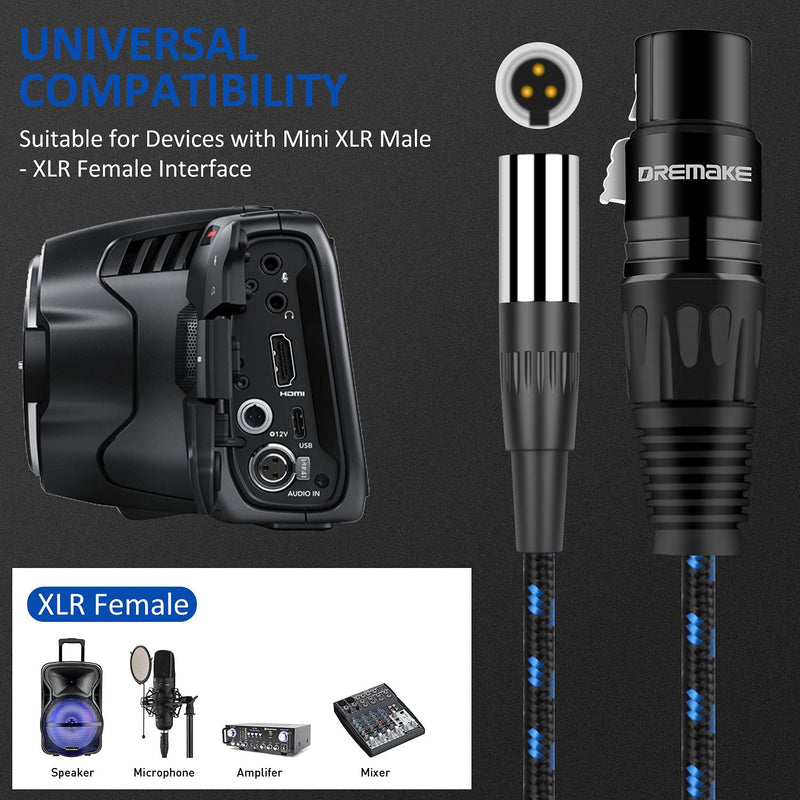  [AUSTRALIA] - DREMAKE 3FT Mini XLR Male to Standard XLR Female Converter Cable, 3-Pin XLR to Mini XLR Microphone Audio Cable for Professional Camera, Label Microphone, Power Amplifier, Equalizer - Black Blue Tweed 3Feet/1M