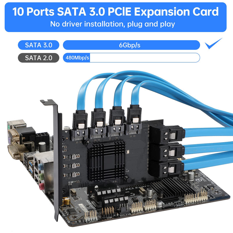  [AUSTRALIA] - ACTIMED PCIE SATA Card 10 Port with 10 SATA Cable, 6Gbps SATA 3.0 Controller PCI Express Expansion Card with Low Profile Bracket, Support 10 SATA 3.0 Devices,Compatible with Windows,MAC,Linux System PCIE to 10 Ports SATA