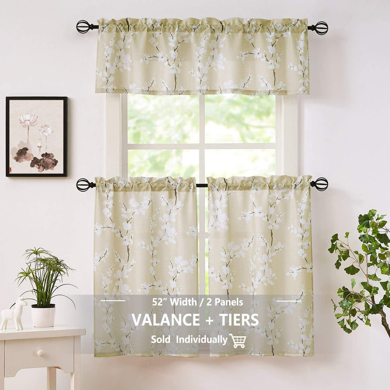  [AUSTRALIA] - Beige Kitchen Tier Curtains Windows White Blossom Print Light Filtering Privacy Tiers for Bathroom Living Room Privacy Small Café Curtain Sets 26”W x 24" L 2 Panels 26" x 24" Beige