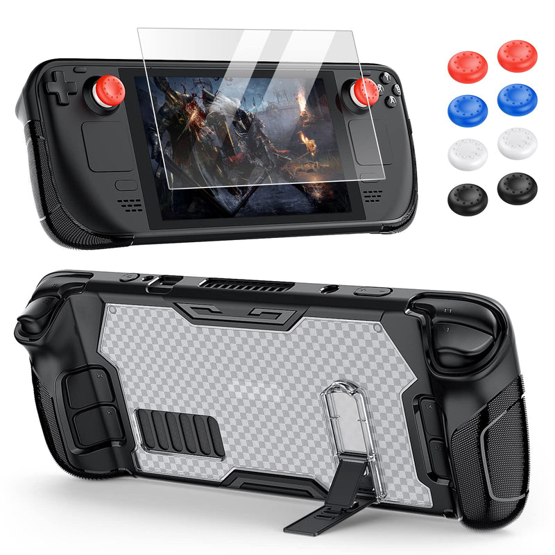  [AUSTRALIA] - Upgraded Protective Case with Kickstand for Steam Deck , PC+TPU Protector Cover Case for Steam Deck Accessories Kits with Kick Stand, Screen Protector & Thumb Caps, Flexible Case for Steam Deck-Black