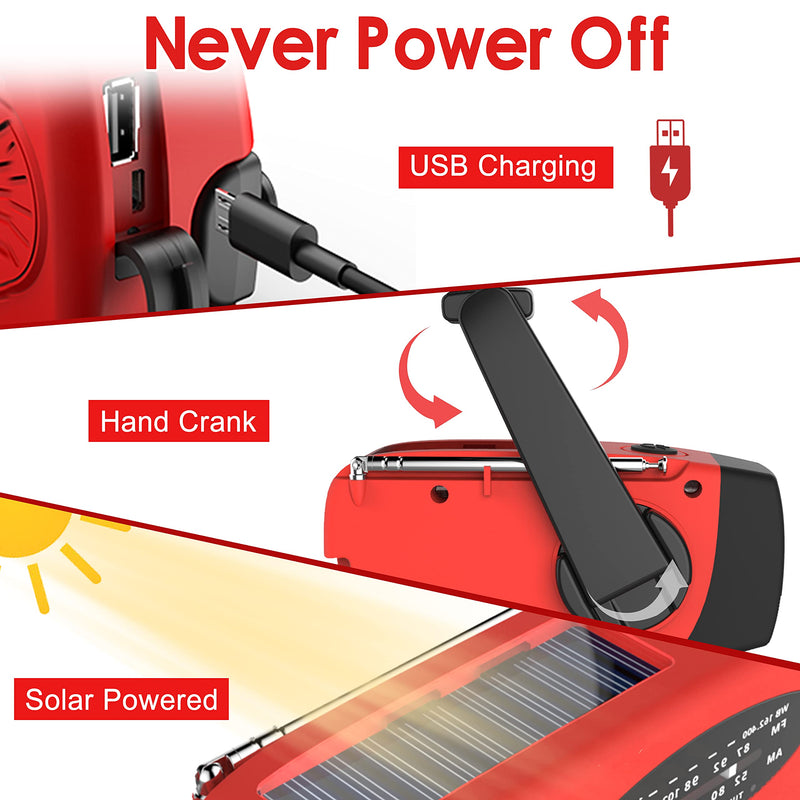  [AUSTRALIA] - RunningSnail Emergency Hand Crank Radio With LED Flashlight For Emergency, AM/FM NOAA Portable Weather Radio With 2000mAh Power Bank Phone Charger, USB Charged & Solar Power For Camping, Emergency Red