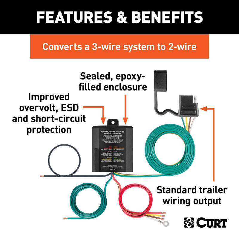  [AUSTRALIA] - CURT 56496 Weather-Resistant Powered 3-to-2-Wire Splice-in Trailer Tail Light Converter, 4-Pin Wiring Harness