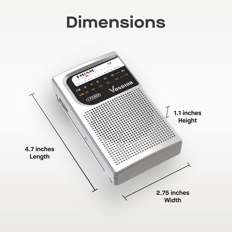  [AUSTRALIA] - AM FM Battery Operated Portable Pocket Radio - Best Reception and Longest Lasting. AM FM Compact Transistor Radios Player Operated by 2 AA Battery, Mono Headphone Socket, by Vondior (Silver) Silver