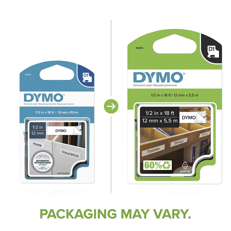  [AUSTRALIA] - DYMO Model 16955 Black-On-White Permanent Plastic Tape, 1/2in. x 18ft., DYMO Authentic