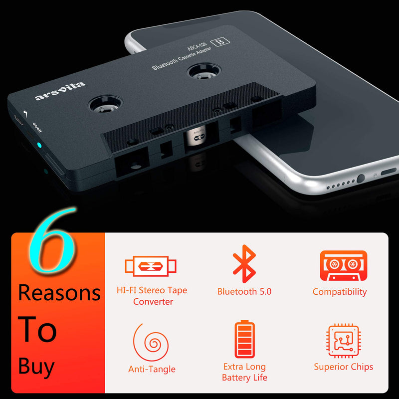 Arsvita Car Audio Bluetooth Cassette Adapter, Tape Player Bluetooth 5.0 Cassette Aux Adapter, White - LeoForward Australia