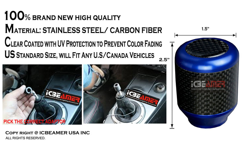  [AUSTRALIA] - ICBEAMER Racing Style Aluminum Carbon Fiber Tall Manual Shifter Gear Lever Shift Knob 5 6 Speeds Pattern [Blue] 2.5" x 1.5" Blue