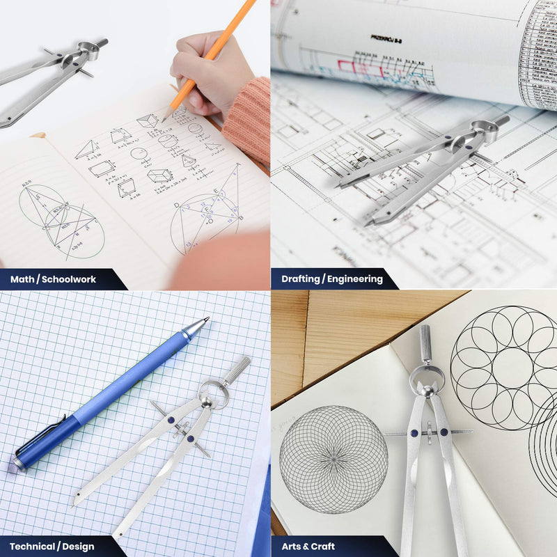 Pacific Arc Metal Professional Compass, Perfect Spring Bow Compass for Math, Geometry, or Drafting, Up to 8" Diameter Large, Comes with Lead and Lock - LeoForward Australia