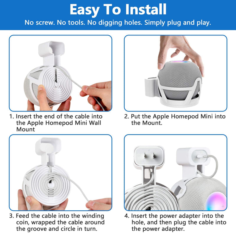  [AUSTRALIA] - CUHIOY Homepod Mini Wall Mount Holder, Homepod Mini Plug Mount with Cord Management, No Messy Wires or Screws, Perfect Space-Saving Accessories (White, 1 Pack) White