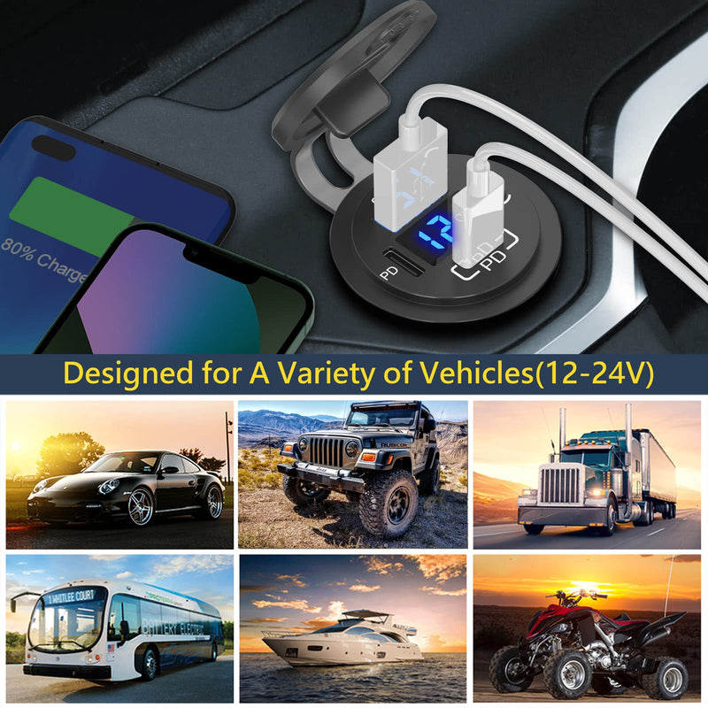  [AUSTRALIA] - 12V USB Charger Socket OUFFUN Dual 30W PD3.0 USB C Port and 18W QC3.0 12 Volt USB Outlet with Voltmeter and Power Switch, Waterproof Cigarette Lighter Replacement DIY Kit for Car Marine Truck RV, etc.