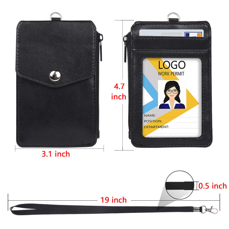  [AUSTRALIA] - Teskyer Leather Badge Holder with Zipper Pocket,1 Clear ID Window and 3 Card Slots with Secure Cover, Premium Leather ID Holder with Nylon Lanyard for Office School ID, Credit Cards, Driver Licence Black