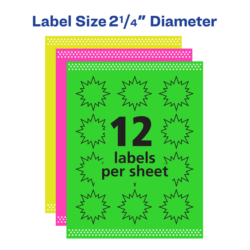 AVERY Neon Address Labels with Sure Feed for Laser Printers, 2-1/4", Assorted Colors, 180 Burst Labels (5995) Neon Green;neon Magenta;neon Yellow - LeoForward Australia