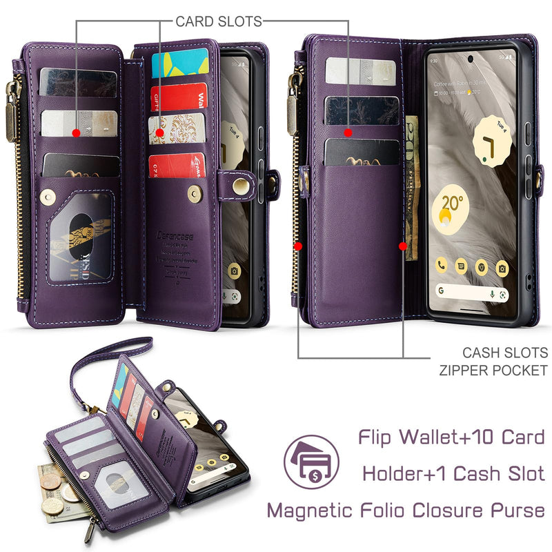  [AUSTRALIA] - Defencase for Pixel 7A Case, RFID Blocking Google Pixel 7A Case Wallet for Women and Men, Fashion PU Leather Magnetic Flip Wrist Strap Zipper Card Holder Wallet Phone Case for Google Pixel 7A, Purple Fashion Purple