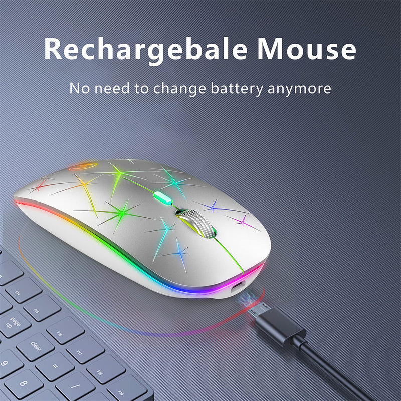  [AUSTRALIA] - TENMOS T18 LED Wireless Mouse, 2.4G Rechargeable Firework Light Up Silent Cordless Mouse with USB Receiver Type C Adapter for Laptop,Computer,MacBook(Silver) silver