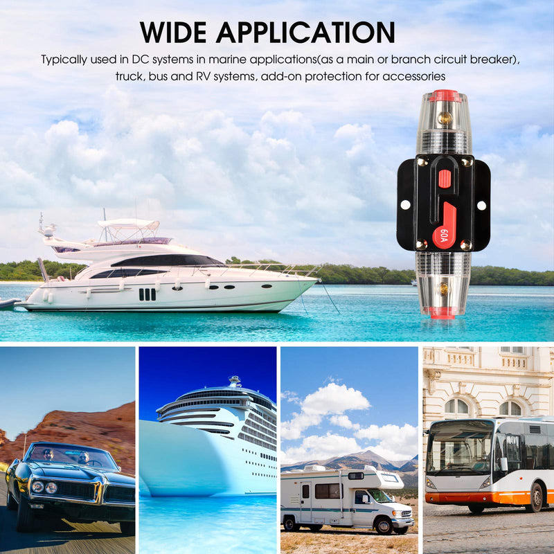  [AUSTRALIA] - M1A2 Circuit Breaker Switch 60A Waterproof Fuse Inline Holder 3-15 AWG Resettable Fuse Manual Reset 12V-48V DC for Car Audio Sound Amplifier System RV Home Marine Boat Truck 60A-with accessories