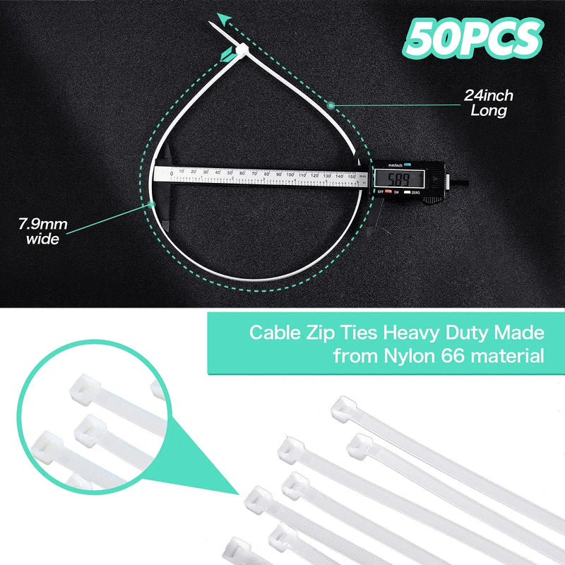  [AUSTRALIA] - 50 Pcs Zip Ties Heavy Duty Strong Large Cable Wire Ties Zip Ties Industrial Sturdy Wire Ties, Awnings Tying Branches Bundling of Crops Fixed Water Pipes(White,24 inch x 7.9 mm) 24 inch x 7.9 mm White