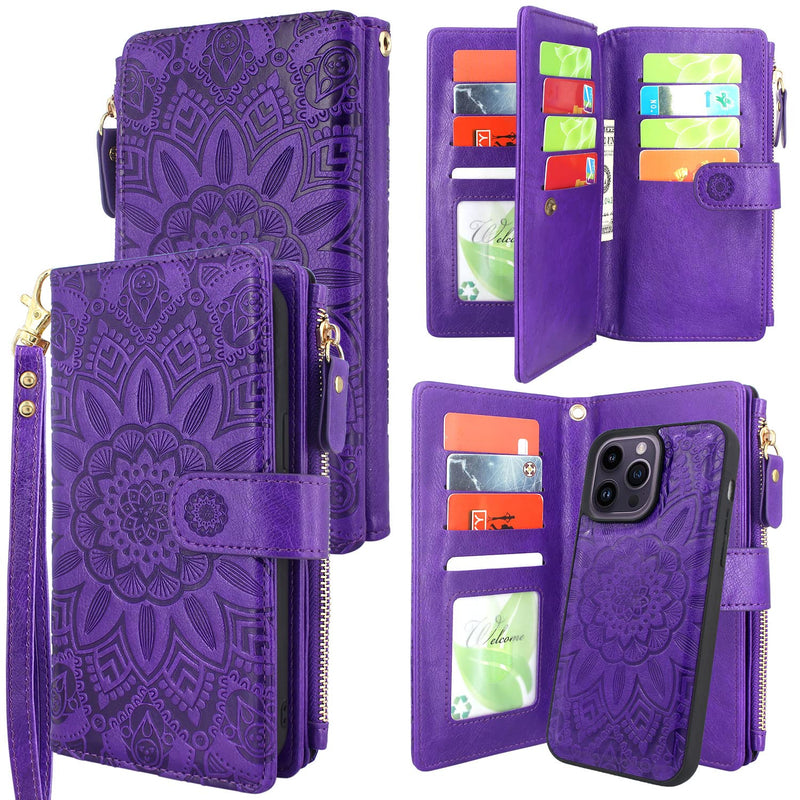  [AUSTRALIA] - Harryshell Compatible with iPhone 14 Pro Max 6.7 inch 5G 2022 Wallet Case Detachable Magnetic Cover Zipper Cash Pocket Multi Card Slots Holder Wrist Strap Lanyard (Floral Purple) Floral Purple