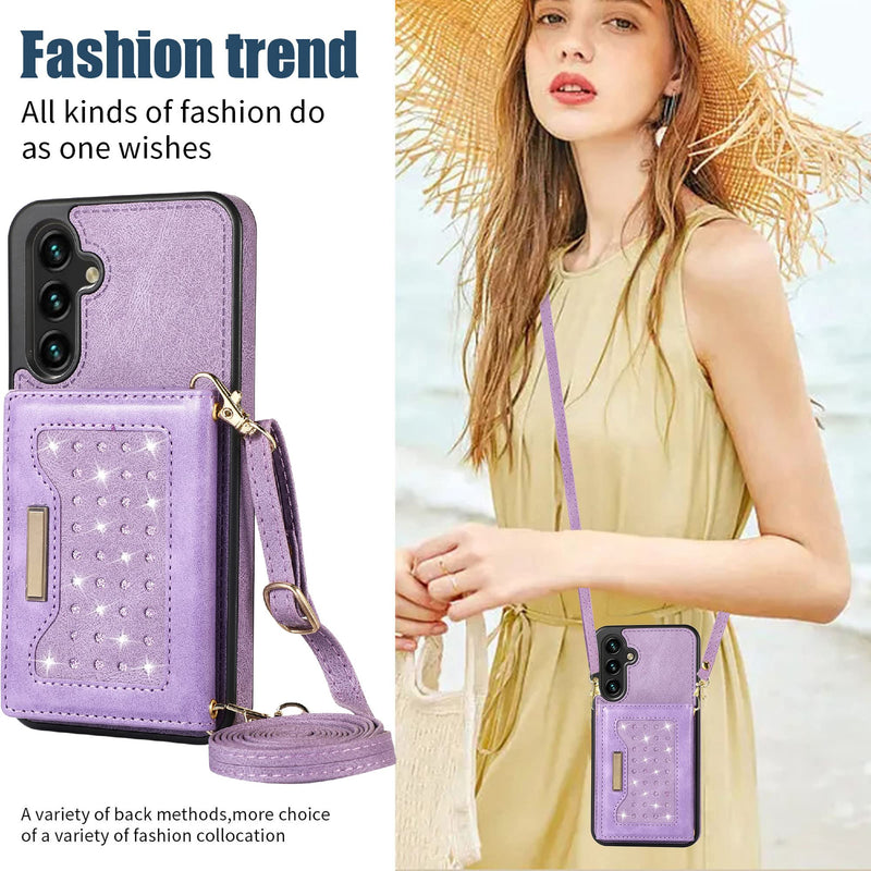  [AUSTRALIA] - CCSmall for Samsung Galaxy A54 5G Crossbody Wallet Case for Women, Bling Glitter PU Leather Phone Case with RFID Blocking Card Holder Cover for Samsung Galaxy A54 5G SZ Purple