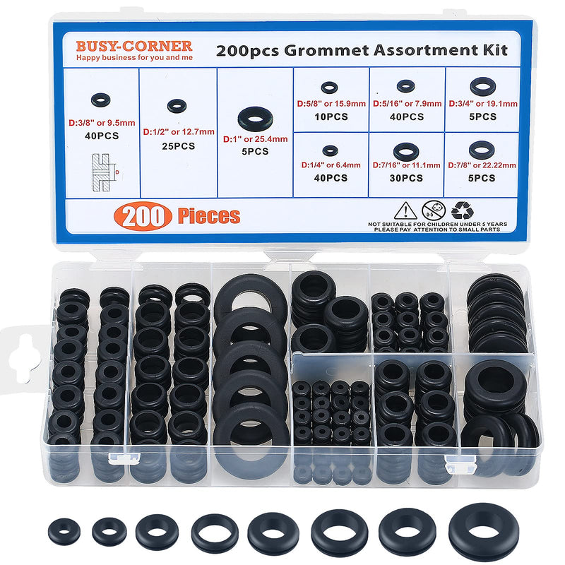  [AUSTRALIA] - BUSY-CORNER 200 Pieces Hollow Rubber Grommet Firewall Hole Plug Assortment Kit, 1/4", 5/16", 3/8", 7/16", 1/2", 5/8", 3/4'', 7/8", 1''